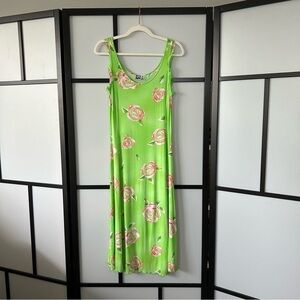 46it POI by Krizia Made In Italy Sheer Neon Green Rose Print Viscose Maxi Dress